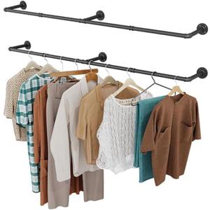 OROPY Clothes Rack, 65.7" Industrial Pipe Clothing Rack 2 Pack for Clothes, Wall Mounted Heavy Duty Space Saving Garment Rack for Closet Storage, Black, 3 Base
