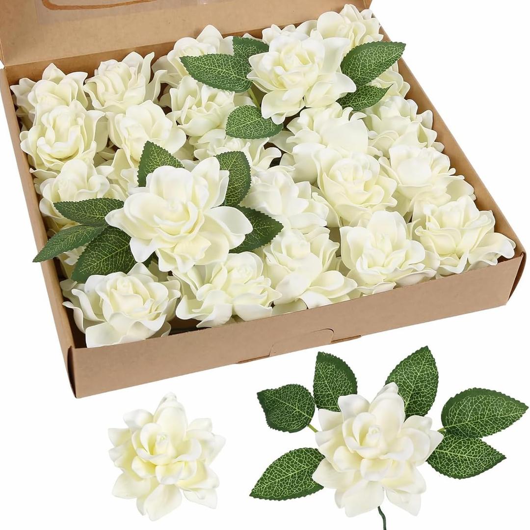 IPOPU Artificial Gardenia Flowers 25PCS 3.15 Ivory Artificial Foam Roses Bulk Fake Flower Heads with Stems for DIY Wedding Bouquets Party Home Centerpieces Decor(Ivory)