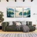 SERIMINO Nature Landscape Wall Art for Living Room, Green Forest Mountain Canvas Prints Paintings Room Decor, Lake Tree Cottagecore Modern Farmhouse Wall Decor Set of 3, 16"X24"