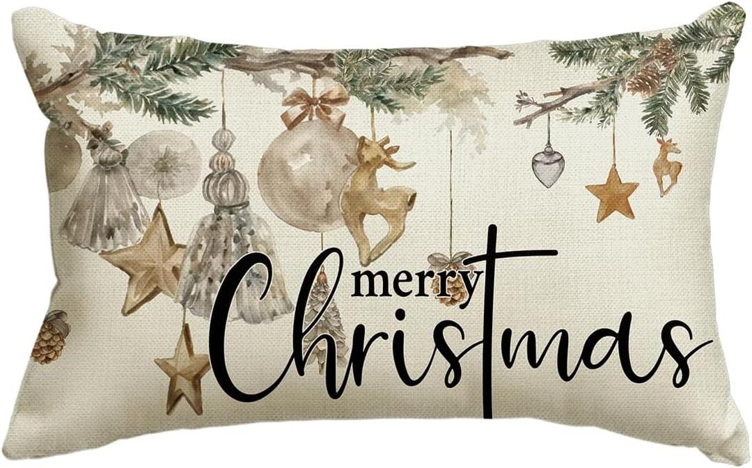 AVOIN colorlife Christmas Balls Reindeer Pine Cones Throw Pillow Cover, 12 x 20 Inch Hello Winter Holiday Cushion Case Decoration for Sofa Couch