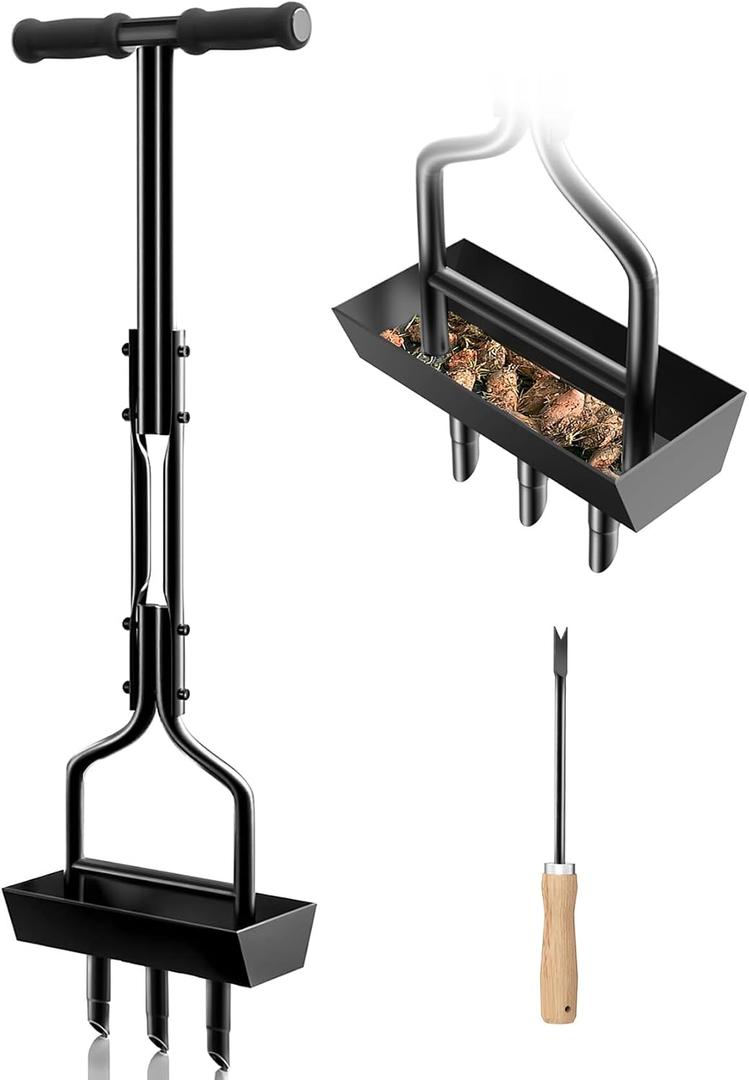 Manual Lawn Aerator with Soil Storage Basket - EEIEER Core Aerator Tool for Soil Aeration, Yard Aerating Tools with 3 Efficient Coring Tines & Cleaning Tool for Yard,Garden, Lawn Care - 38''