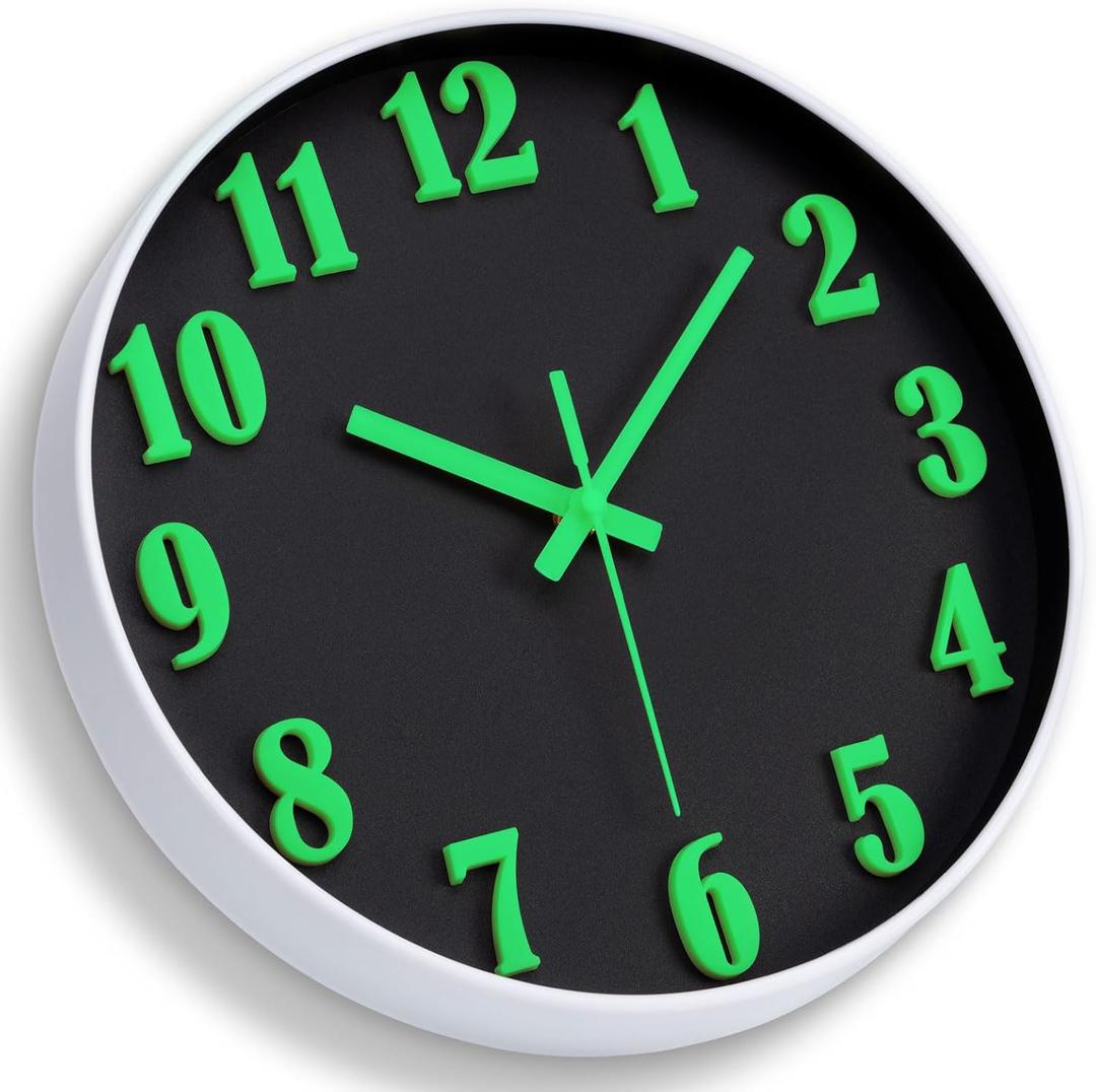 Wall Clock - Glow in The Dark Clock 12 Inch Silent Wall Clock Non Ticking Battery Operated Night Light Analog Digital Large Neon Clock for Home Decor Living Room Bedroom Kitchen Bathroom