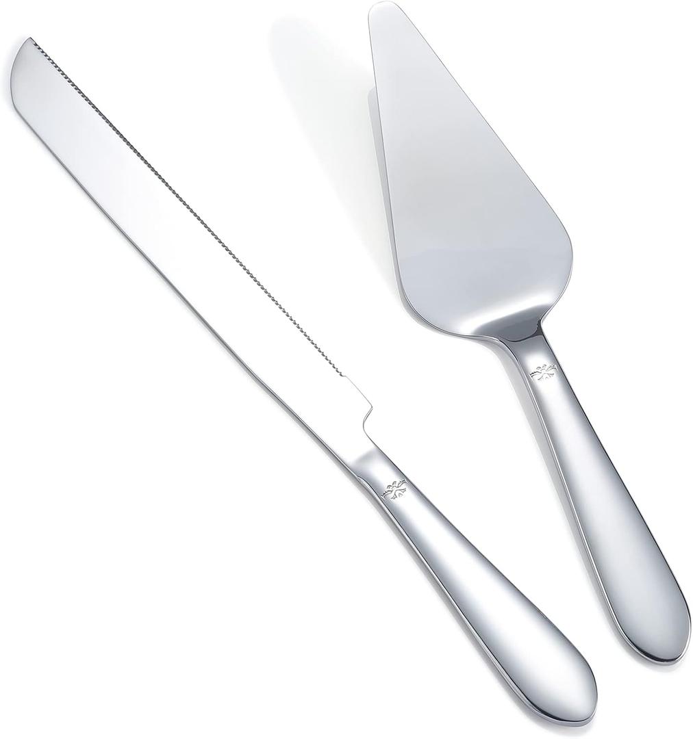 Cake Cutting Set for Wedding, Elegant Cake Knife and Server Set with Thickened Stainless Steel Rounded Edges, Cake Cutter and Pie Spatula for Birthday Anniversary Christmas, 2 Pcs, Silver