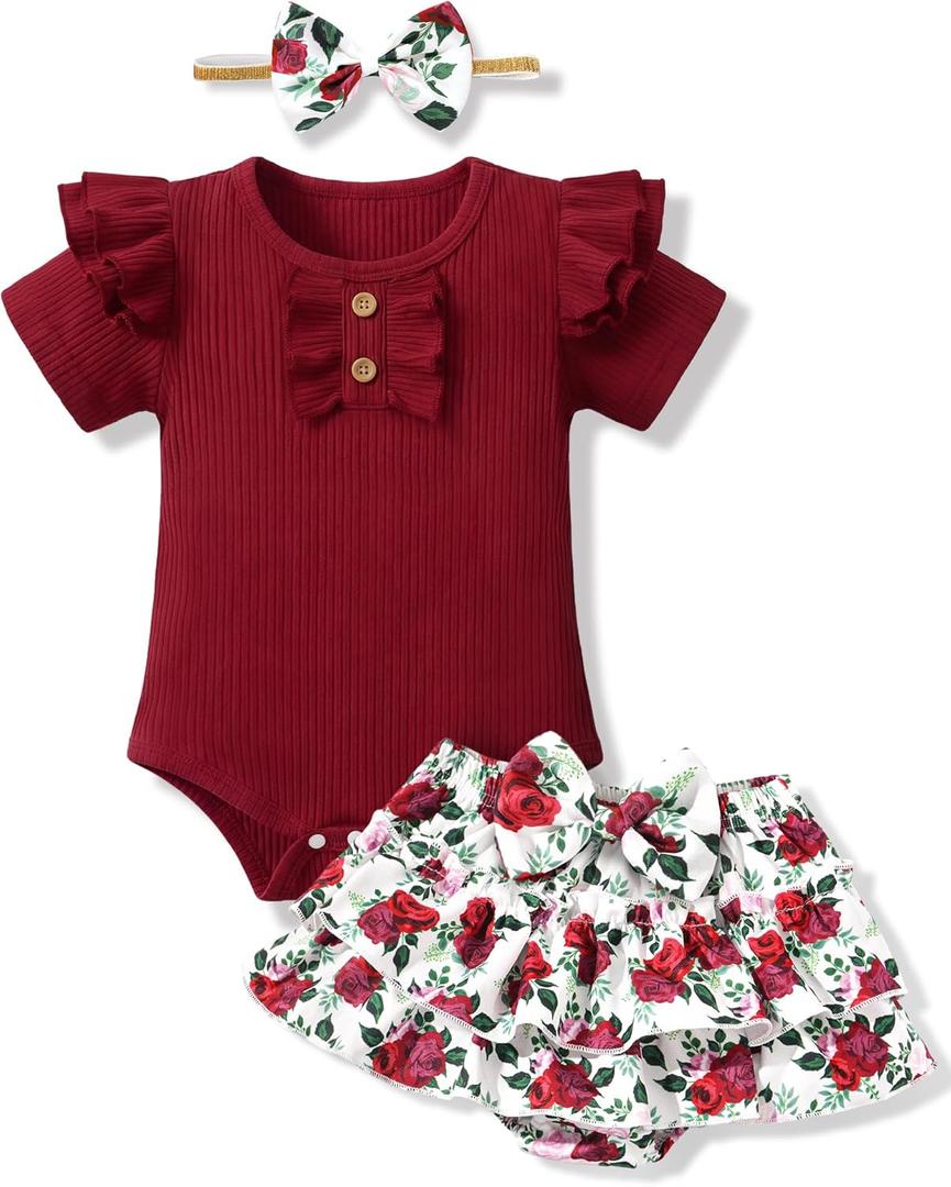 HONGTEYA Infant Baby Girl Clothes Newborn Summer Outfits Cute Romper Shorts Set Floral Girl Clothes with Headband