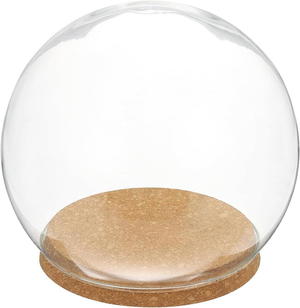 uxcell Round Cloche Glass Dome, 7.9" x 5.9" Decorative Glass Display Bell Jar, Glass Dome Cloche with Light Brown Base for DIY Flower Craft, Collectibles Specimens Plants Dustproof