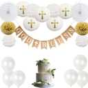 CHRORINE First Communion Banner Kit, Baptism Decorations for Boys Girls, First Communion Confirmation Decorations,God Bless Banner and White Decorations - White Set