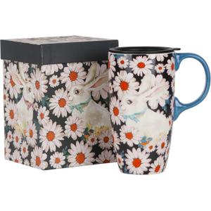 DUSVALLY Ceramic Tall Coffee Mug, Friends Coffee Cup Gift Set, Travel Mug with Lid for Office and Home, Unique Gifts for Women and Man, Color Box, 17 oz Large Cup, Flower and Rabbit
