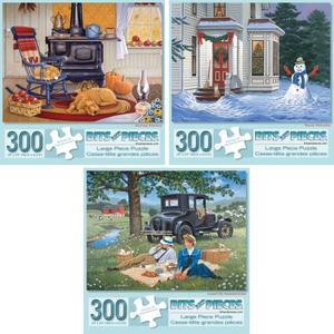 Bits and Pieces  Value Set of Three Large 300 Piece Jigsaw Puzzles for Adults  Seasons Themed Jigsaw Puzzles Designed by Artist John Sloane, Completed Puzzle Size: 18" x 24"