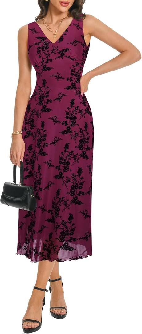 Women's Sexy V Neck Sleeveless Mesh Maxi Dresses Summer Casual Elegant Long Floral Dress Wedding Guest Cocktail Party (Large, Magenta)