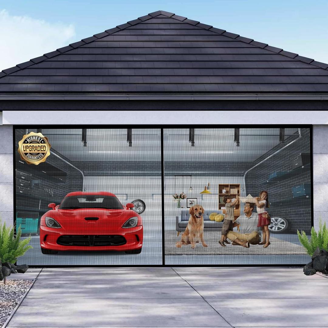 Garage Door Screen for 2 Car Garage 18x7FT, Magnetic Screen Garage with Retractable Fiberglass Mesh and Heavy Duty Weighted Bottom, Easy Assembly & Pass, Hands Free Screen Door Kit