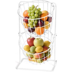 2 Tier Fruit Basket , Countertop Fruit Vegetable Bowl for Kitchen Counter Metal Wire Storage Basket Fruits Stand Holder Organizer for Bread Snack Veggies Produce (White)