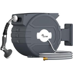 Retractable Garden Hose Reel 1/2 in x65 ft, Garden Water Hose Reel with 10- Function Sprayer Nozzle, Any Length Lock/Automatic Slow Return System,180 Swivel Bracket