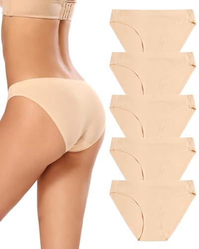 voenxe Women Bikini Underwear,Seamless Breathable Ladies Panties,No Show Comfortable Briefs Undies for Women,Hipster,5-Pack, M, Beige
