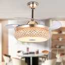 42" Fandelier Ceiling Fan with Light Remote Control, Modern Luxury Gold Crystal Chandelier with Retractable Blades Bluetooth Speaker 7 Color Change Silent Motor for Dining Room Living Room Bedroom