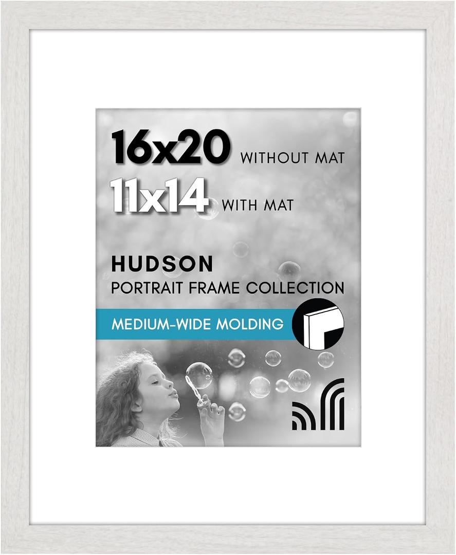 Americanflat 16x20 Picture Frame with Polished Plexiglass - Use as 11x14 Frame with Mat or Display 16x20 Photo Without Mat - Hudson Collection - Wide Picture Frames for Wall Display - White