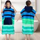Surf Poncho Towel for Teens & Big Kids (8-14 Years,36"X26") | 100% Cotton Ultra-Absorbent Oversized Hooded Towel Robe with Pocket for Boys | Swim Cover-Up for Pool, Beach, Bath | Blue Striped Design