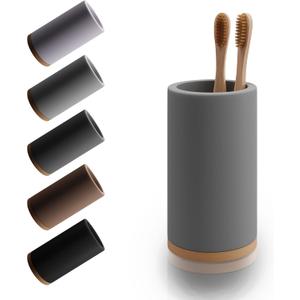 Matani Bamboo Toothbrush Holder Diatomite Tooth Brush Organizer - Storage Stand for Small Bathroom & Counter - Removable Base & Drain Holes, Water-Absorbent & Quick-Drying (Grey)