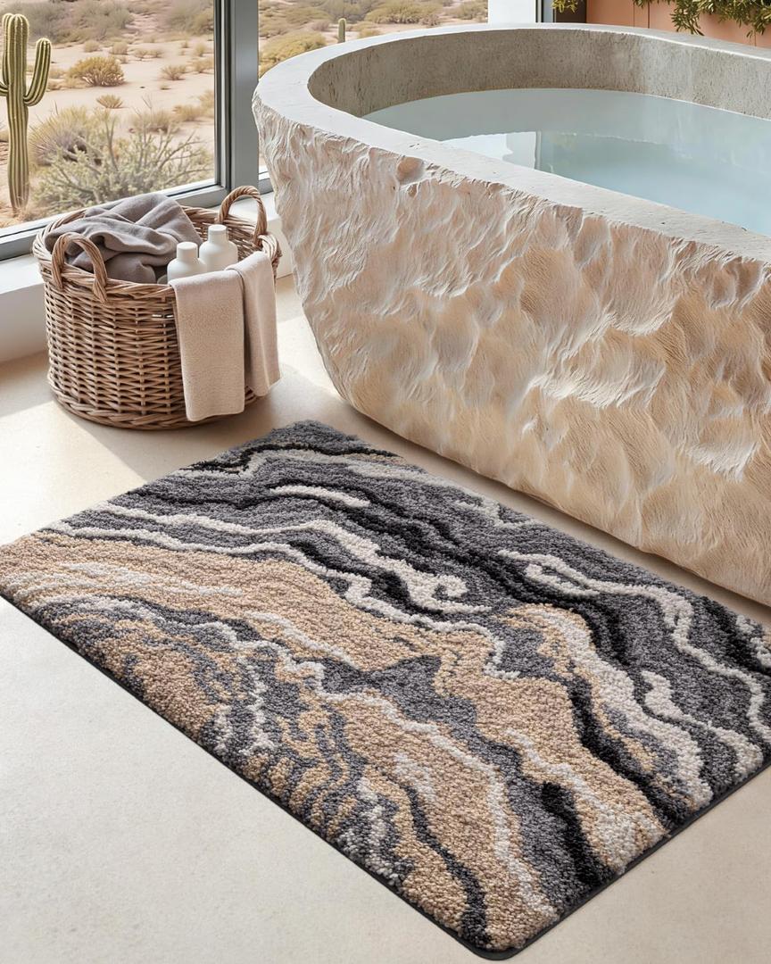 DEXI Bathroom Rug Mat 17x30, Soft and Absorbent Marble Bath Mat, Non Slip Machine Washable Bath Rugs for Shower Floor, Tub, Sink, Grey and Beige
