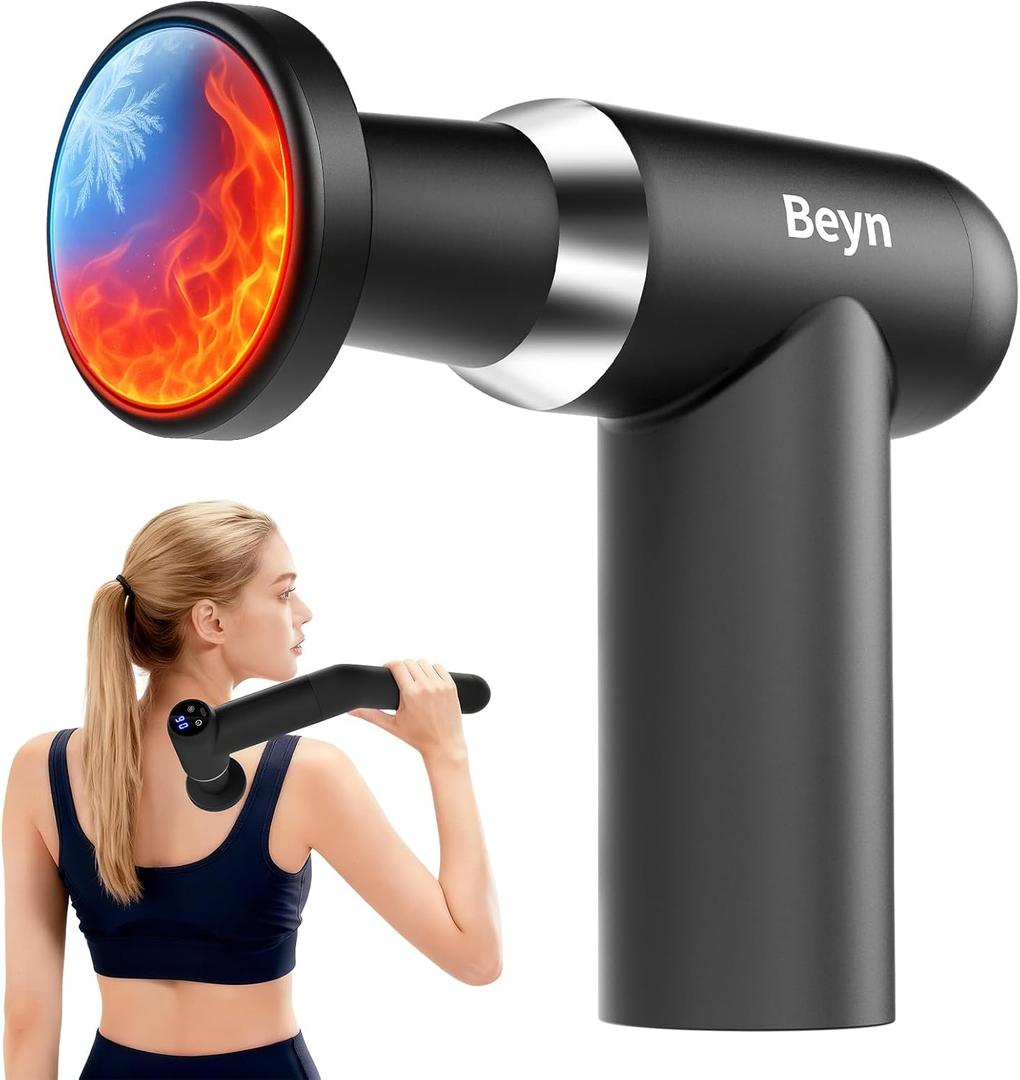 Beyn Hot & Cold Therapy Massage Gun with Detachable Long Handle - Deep Tissue Percussion Massager for Back Pain Relief, 6 Speeds & 6 Heads, LCD Display, USB-C Rechargeable, Quiet Muscle Massager