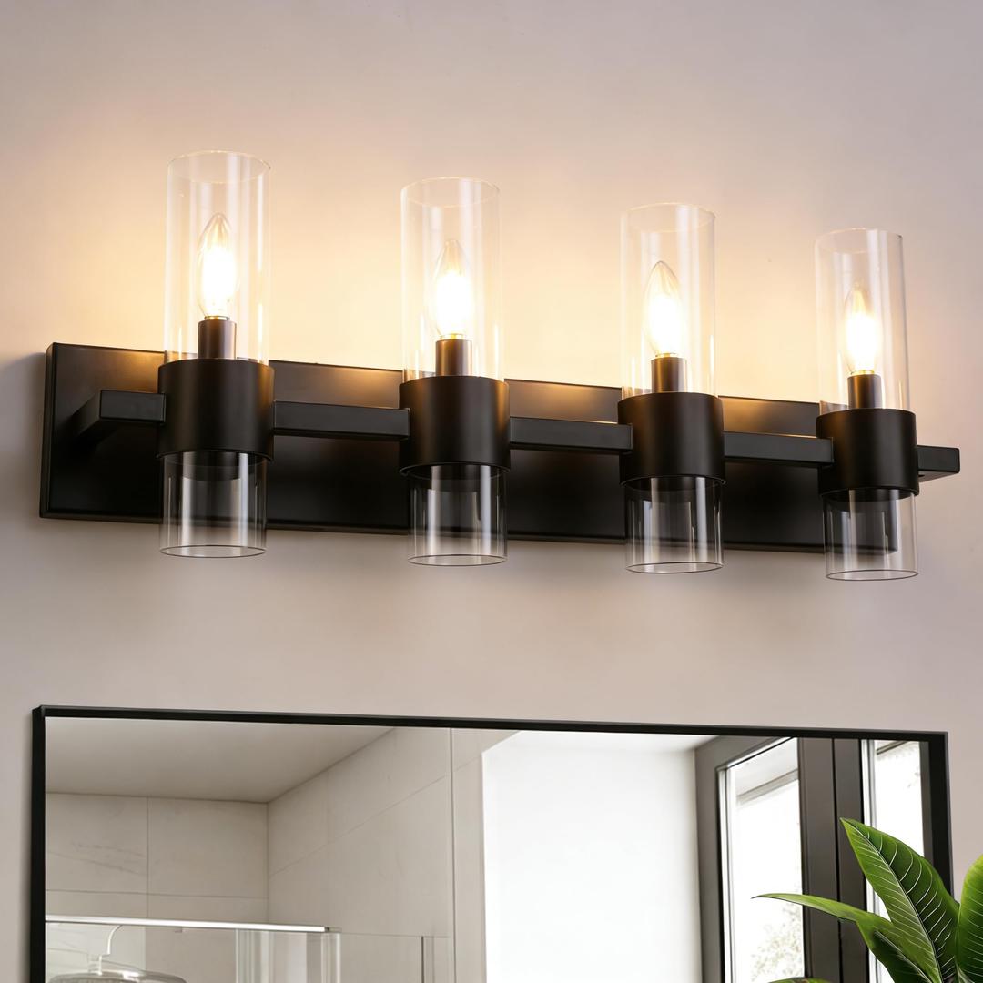 LWYTJO 3-Light Bathroom Light Fixtures, Matte Black Vanity Lights with Clear Glass Shades, 19.7'' Modern Wall Sconce for Mirror Living Room Cabinet Bedroom Porch