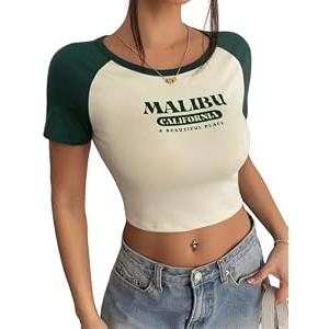 Womens Summer Short Sleeve T Shirts Slim Fitted Raglan Color Block Crop Tops Basic Casual Stretchy Tee ﻿ (US, Alpha, Small, Regular, Regular, White+Green)
