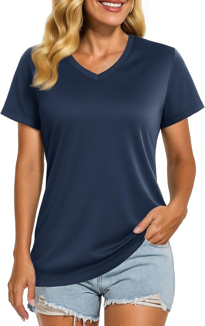 Boladeci Women's Swim Shirts - UPF 50+ Sun Protection Short Sleeve V Neck T-Shirts Workout Tops (Large)