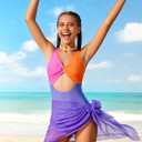 Funnycokid Girls One Piece Swimsuit Color Block Teen Bathing Suit with Pad Cover Up Skirt(7-16Y)