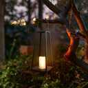 HPC Decor 2PCS Solar Lanterns for Outdoor Decor-20in 15.6in Black Metal Candle Lanterns w/ Waterproof Solar Powered Candles- Modern Farmhouse Hanging Decor for Front Porch,Yard Garden Patio