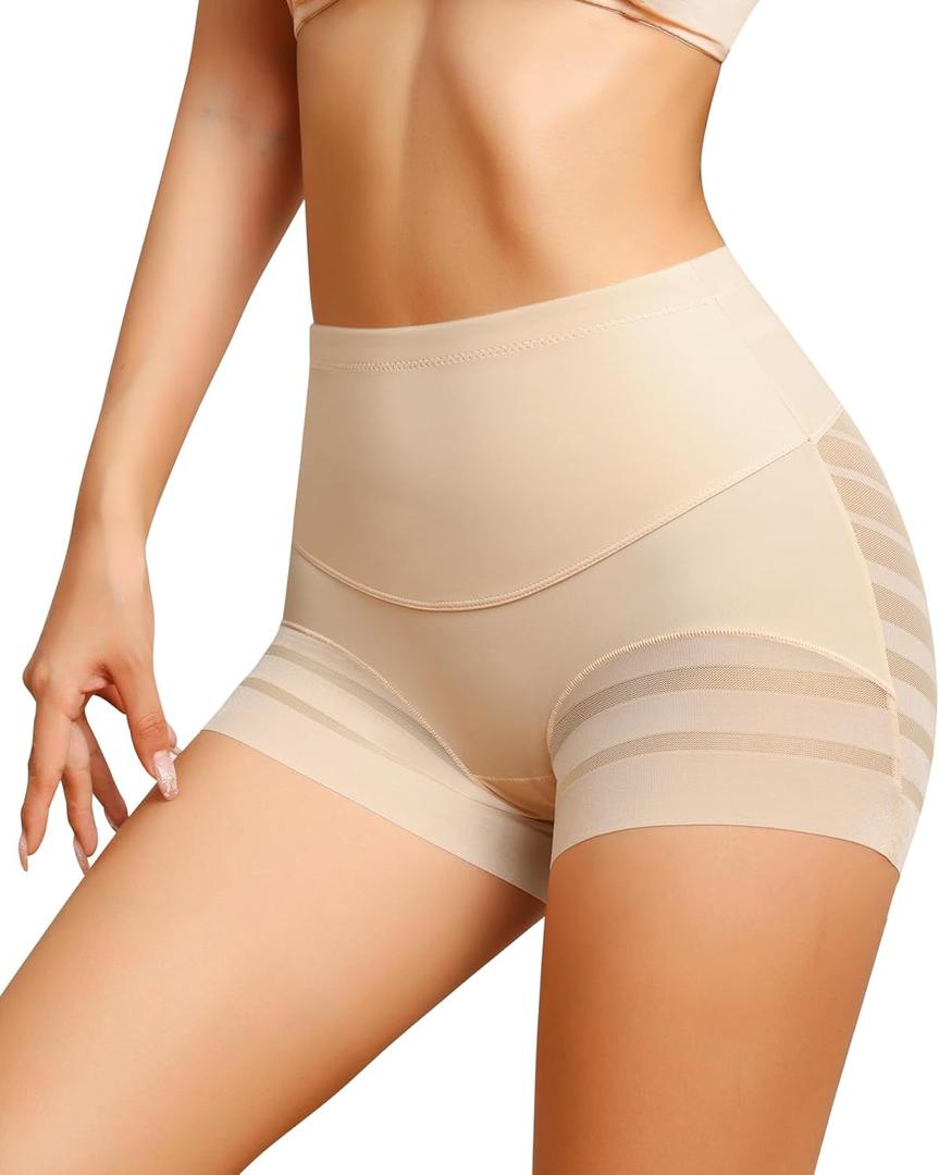 ASIMOON Tummy Control Boyshorts Underwear for Women Stretch High Waisted Shapewear Sexy Mesh No Show Panties for Ladies (Large, Beige)