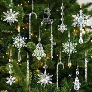 Crystal Christmas Tree Ornaments Snowflakes Decorations, 18Pcs Clear Acrylic Snowflake Hanging Ornaments with Icicle Drop Reindeer for Xmas Tree Winter Holiday Wedding Home Party Decor