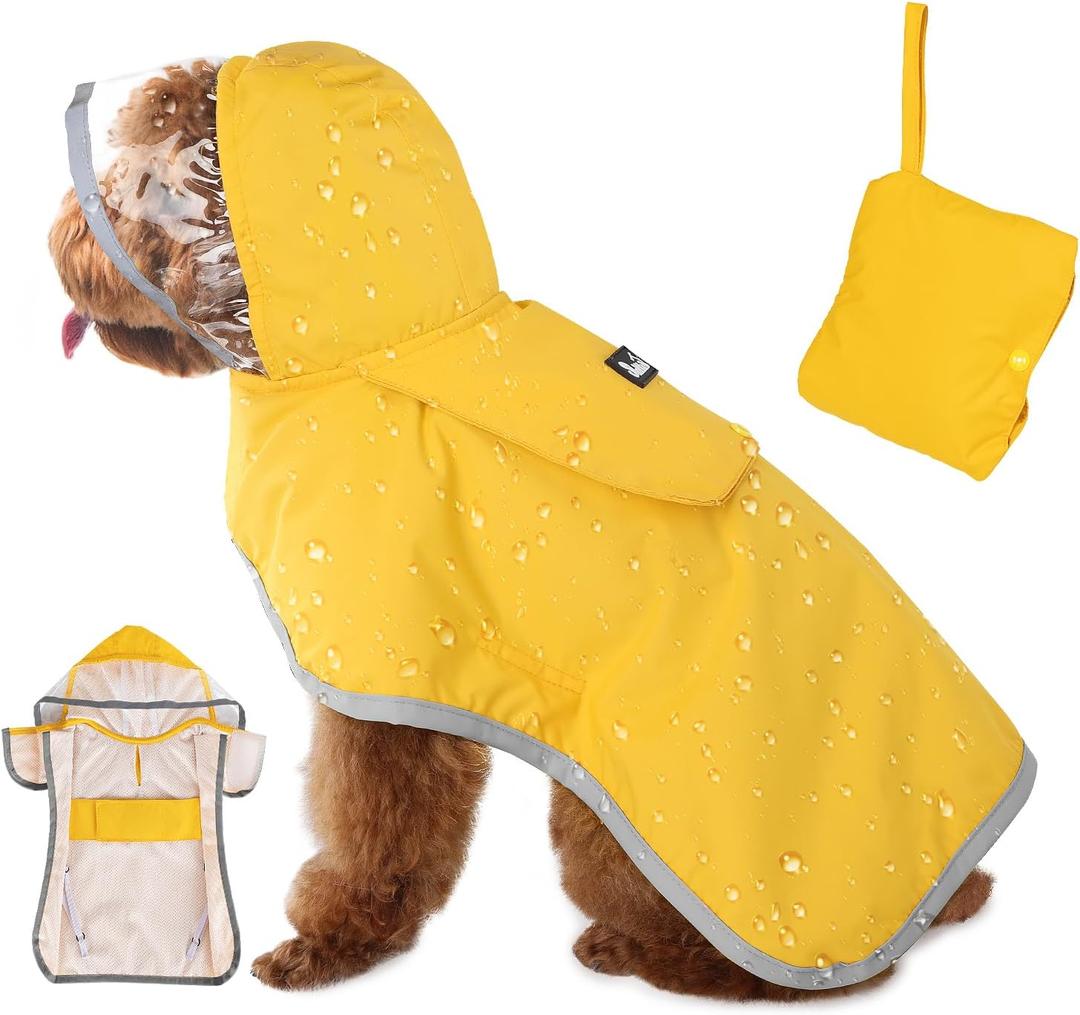 SlowTon Dog Raincoat, Adjustable Dog Rain Jacket Clear Hooded Double Layer, Waterproof Poncho with Reflective Strip Straps and Storage Pocket for Dogs(XS) (Yellow)