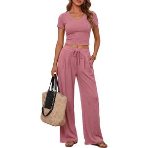 PRETTYGARDEN 2 Piece Sets for Women Summer 2026 Spring Lounge Set Matching V Neck Tops Wide Leg Pants Airport Travel Outfits L