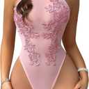Lingerie for Women Sexy Teddy Bodysuit Sheer Mesh Halter One Piece Lingerie with Snap Crotch (Medium)