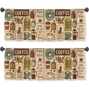 Coffee Curtain Valance for Windows 2 Pack, Farmhouse Style Retro Cafe Vintage Rod Pocket Window Treatments Short Curtains for Kitchen Windows Bathroom Bedroom 54x18 Inch