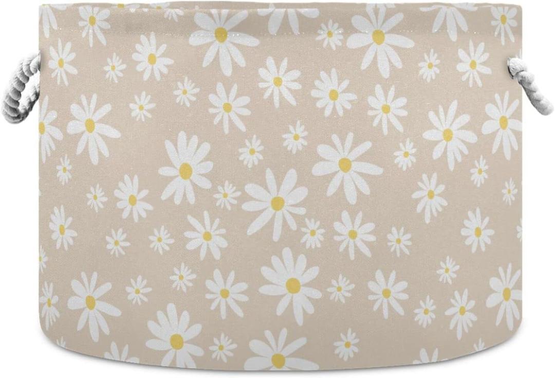 Burbuja Daisy on Beige Round Storage Basket with Cotton Rope Handles, Laundry Basket for Blankets, Nursery, Living Room Decoration