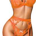 RSLOVE Women Lingerie Sets with Garter Belt 3 Piece Lace Teddy Babydoll Bodysuit M