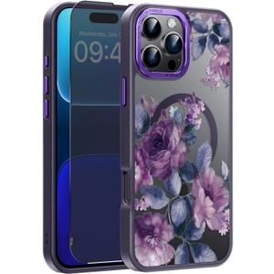 Goodon for iPhone 16 Pro Case with Privacy Screen Protector, Compatible with Magsafe, Shockproof Translucent Matte Cover - Cute Floral Design Phone Case for Women and Girls - Purple Blossoms