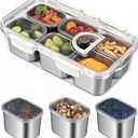 Snackle Box Container, Stainless Steel Portable Snack Containers with Lids, 6 Compartment Divided Serving Tray, Clear Storage Organizer for Fruit Candy Nuts Veggie, Perfect for Road Travel Party