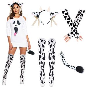 4Pcs Womens Cow Ears Headband & Tail Costume Set, Cows Print Arm Sleeves & Socks for Halloween Adults Cosplay Accessories (Black & White) (Black)