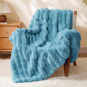 BEDELITE Faux Rabbit Fur Blanket, Luxurious 3D Striped Winter Blanket for Decor & Gift, Soft and Warm Plush Blue Fluffy Faux Fur Throw Blanket All Seasons Suitable, (Light Blue, 50"x 60")