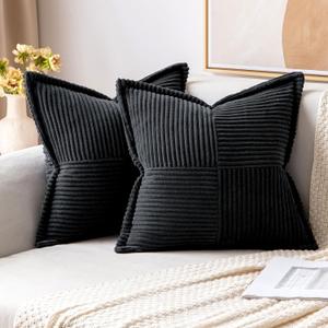 MIULEE Corduroy Pillow Covers with Splicing Set of 2 Super Soft Couch Pillow Covers Broadside Striped Decorative Textured Throw Pillows for Cushion Bed Livingroom 20 x 20 inch, Black