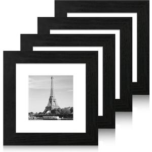 6x6 Picture Frame Set of 4 with High Definition Glass, Black Frames Display 4x4 Picture with Mat or 6 x 6 Without Mat, Square Wood Photo Frame for Wall Mount and Tabletop Display