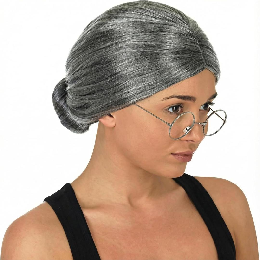 3 otters Old Lady Costume for Women, Grandma Wig with Granny Glasses, 100 Days of School Costume for Girls Dress Up Cosplay Family Party Surprise