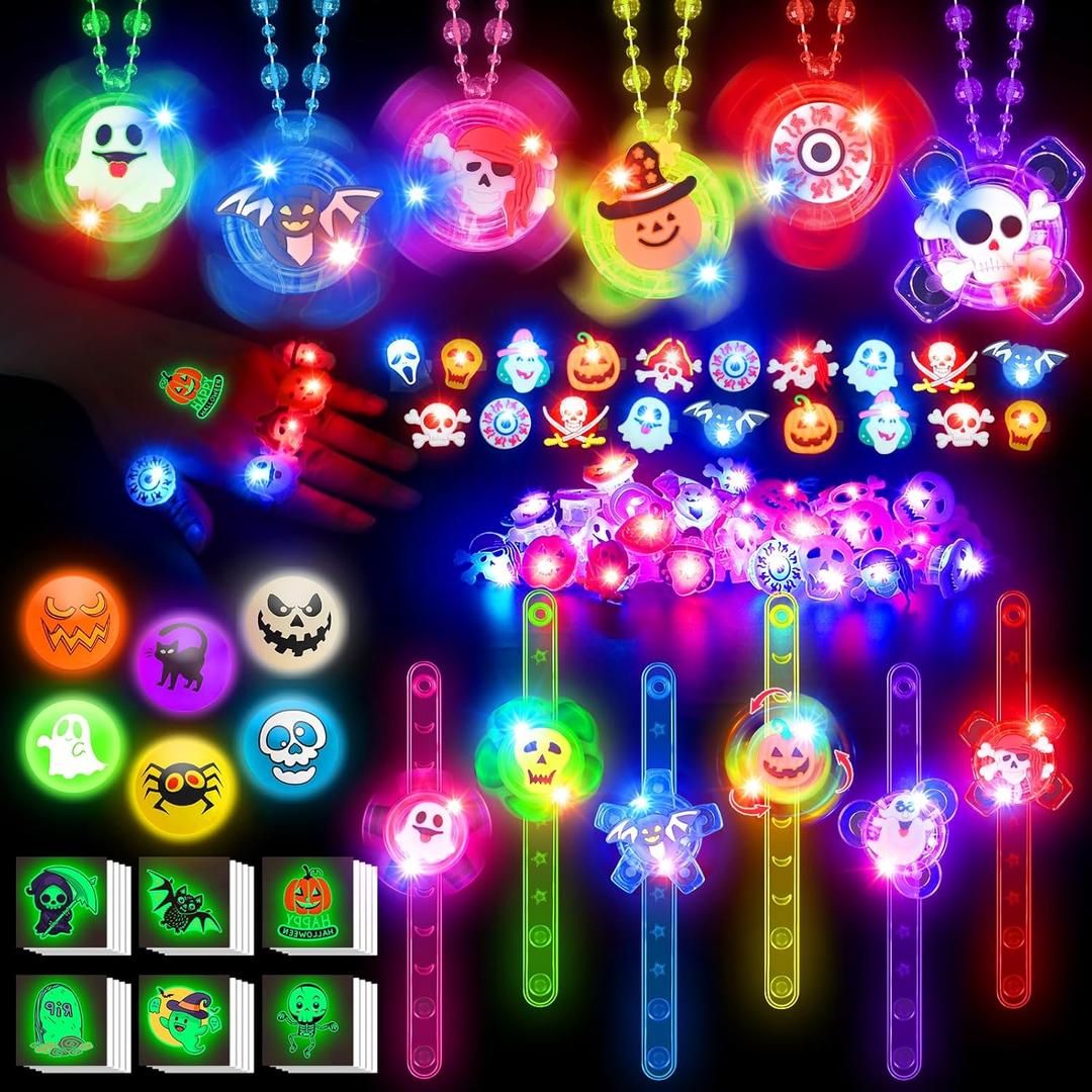 Halloween Party Favors for Kids,72 PCS Halloween Glow in the Dark Toys Bulk with Spin Necklace,Light Up Rings,Spin Bracelets,Halloween Goodie Bag Fillers Basket Stuffers Gift for Kids Trick or Treats