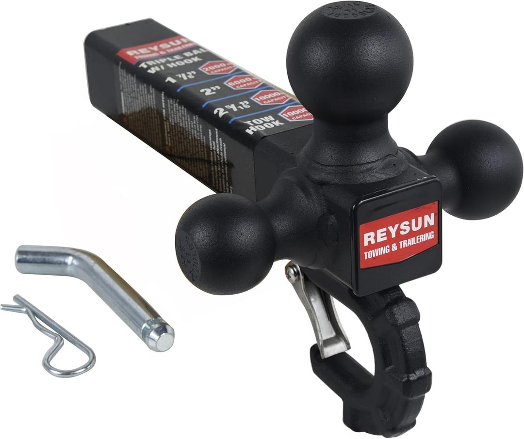 Patented Forged Trailer Hitch Tri-Ball Hitch with Hook: 3 Sizes in 1 Tow Ball Hitch, Fits 2-inch Hitch Receiver, Secure Locking Mechanism, Matt Black