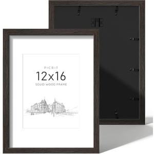 Picrit 12x16 Picture Frame Set of 2, Solid Wood and Black Backboard, Displays 8.5 x 11 with Mat or 12x16 Without Mat, Wall Mounted, Wall Gallery Photo Frames for Home Decor, Walnut Brown Wood Grain
