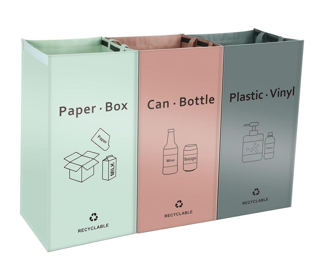 Separate Recycling Waste Bin Bags for Kitchen Home - 42 Gallon Recycling Bins (Pink, Green, Gray) Waste Trash Sorting Organizer, Reusable Waterproof, Pack of 3 Bags
