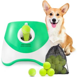 Automatic Dog Ball Launcher, Dog Ball Thrower with 15 Mini Tennis Balls Sizing 2 Inch and Mesh Bag, Interactive Dog Toys Tennis Ball Launcher for Small Dogs with 3 Distance Settings (Green)