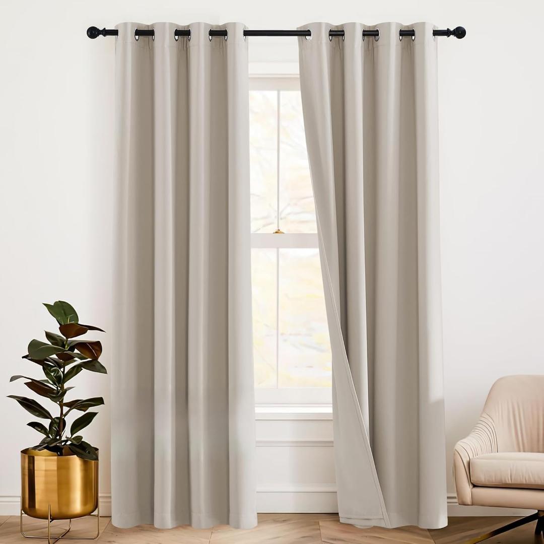 RYB HOME Soundproof Curtains 95 inches - 3 Layers Blackout Curtains Noise Reducing Thermal Insulted Drapes for Bedroom Living Room Playroom, W 52 x L 95 inch, Natural, 1 Pair