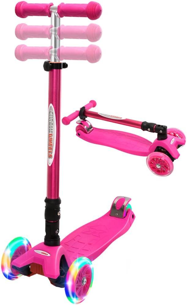 ChromeWheels Foldable Scooters for Kids, Deluxe Kick Scooter 4 Adjustable Height 132lbs Weight Limit 3 Wheel, Lean to Steer LED Light Up Wheels, Best Gifts for Girls Boys Age 3-12 Year Old (# Pink)